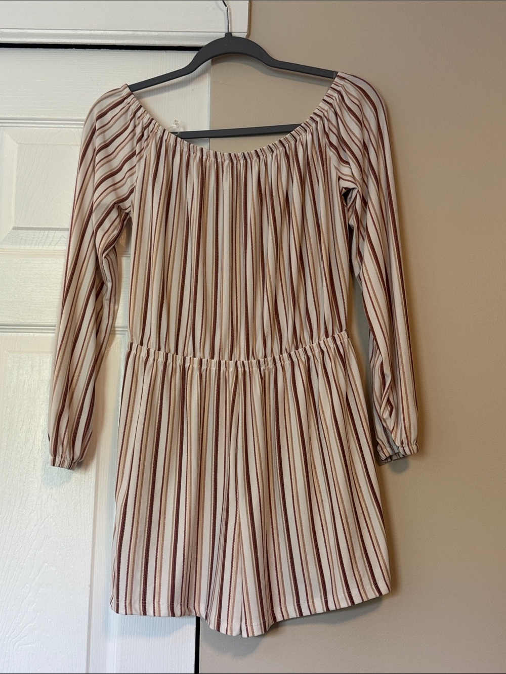 Ardene Cream and Brown Striped Off-Shoulder Romper